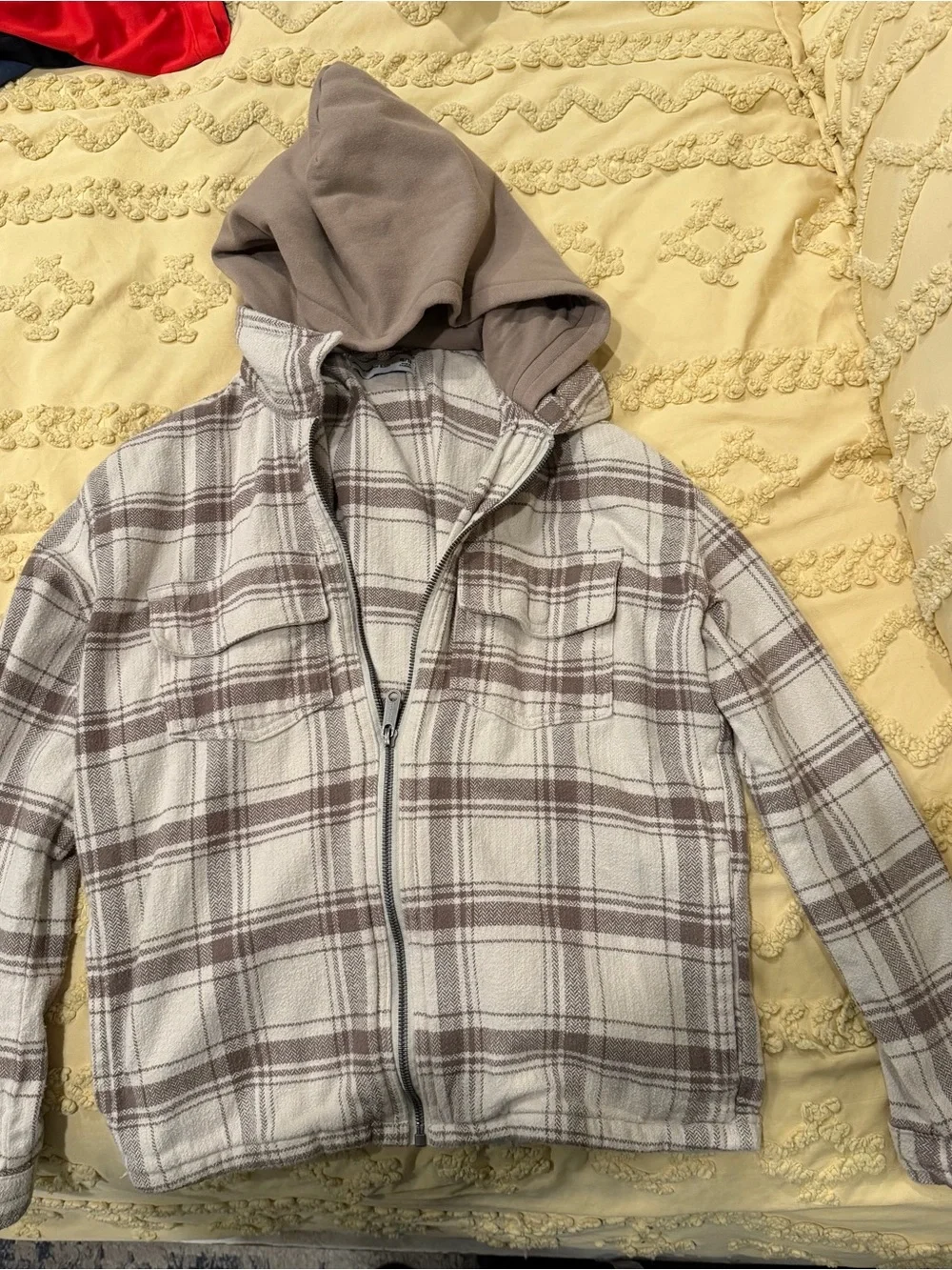 Abercrombie Kids Hooded Plaid Shacket Jacket Size 15/16 Beige Gray